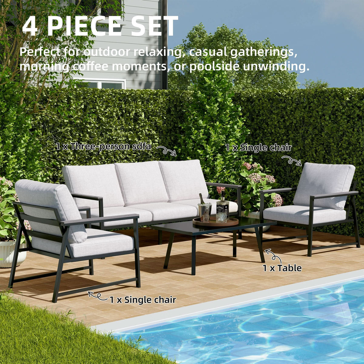 4 Piece Aluminium Outdoor Sofa Set with Glass Table Garden Furniture — view 4