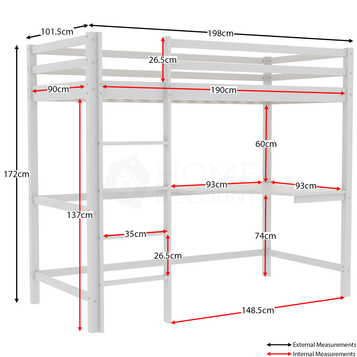 Sydney High Bunk With Desk - White — view 3