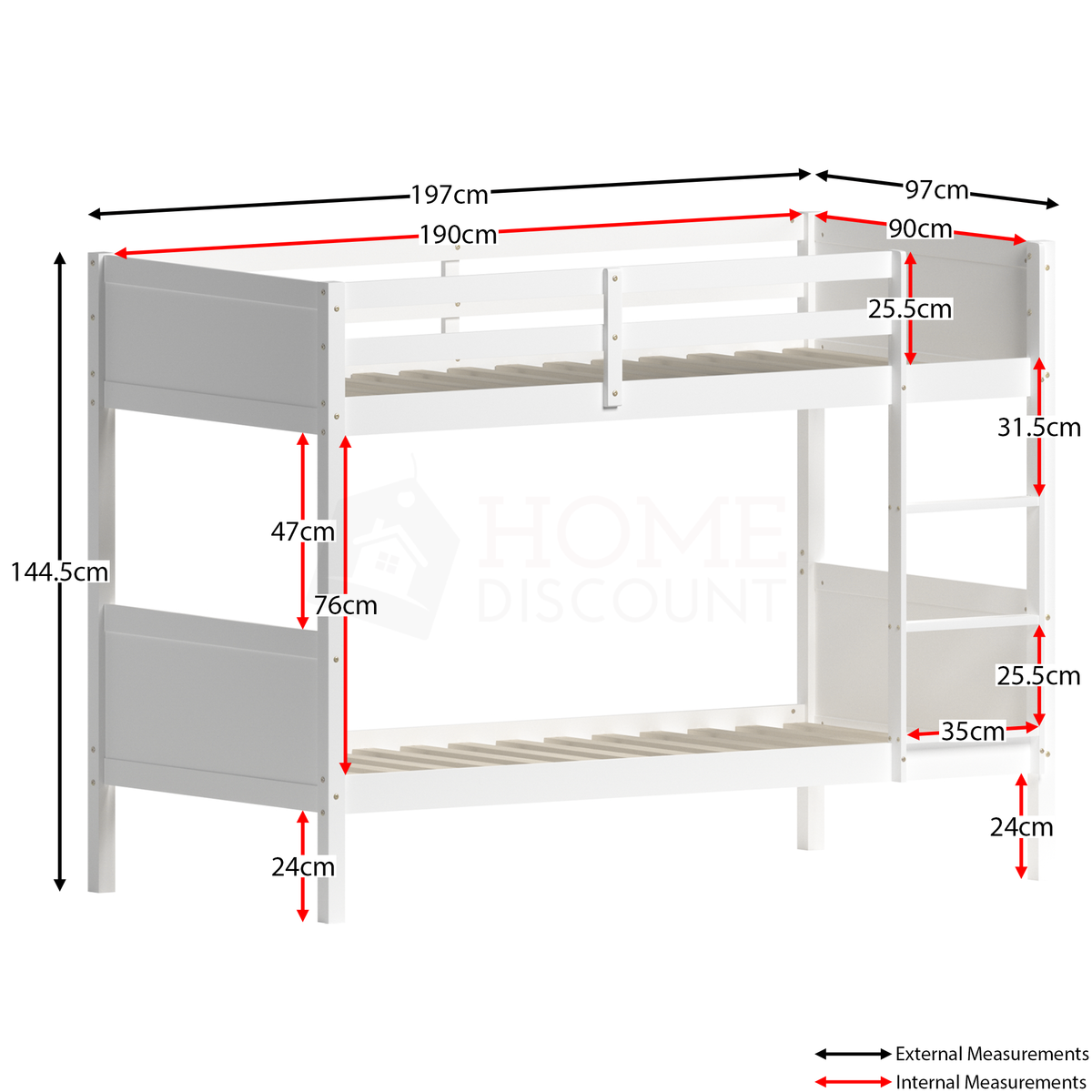 Gemini Detachable Bunk Bed - White & Libra Wooden Underbed Drawers - Grey — view 3