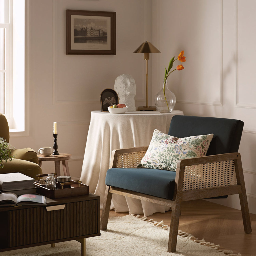 Fyne Aegean Blue Velvet Weathered Oak Frame Rattan Armchair — armchair from 2nd Time Around