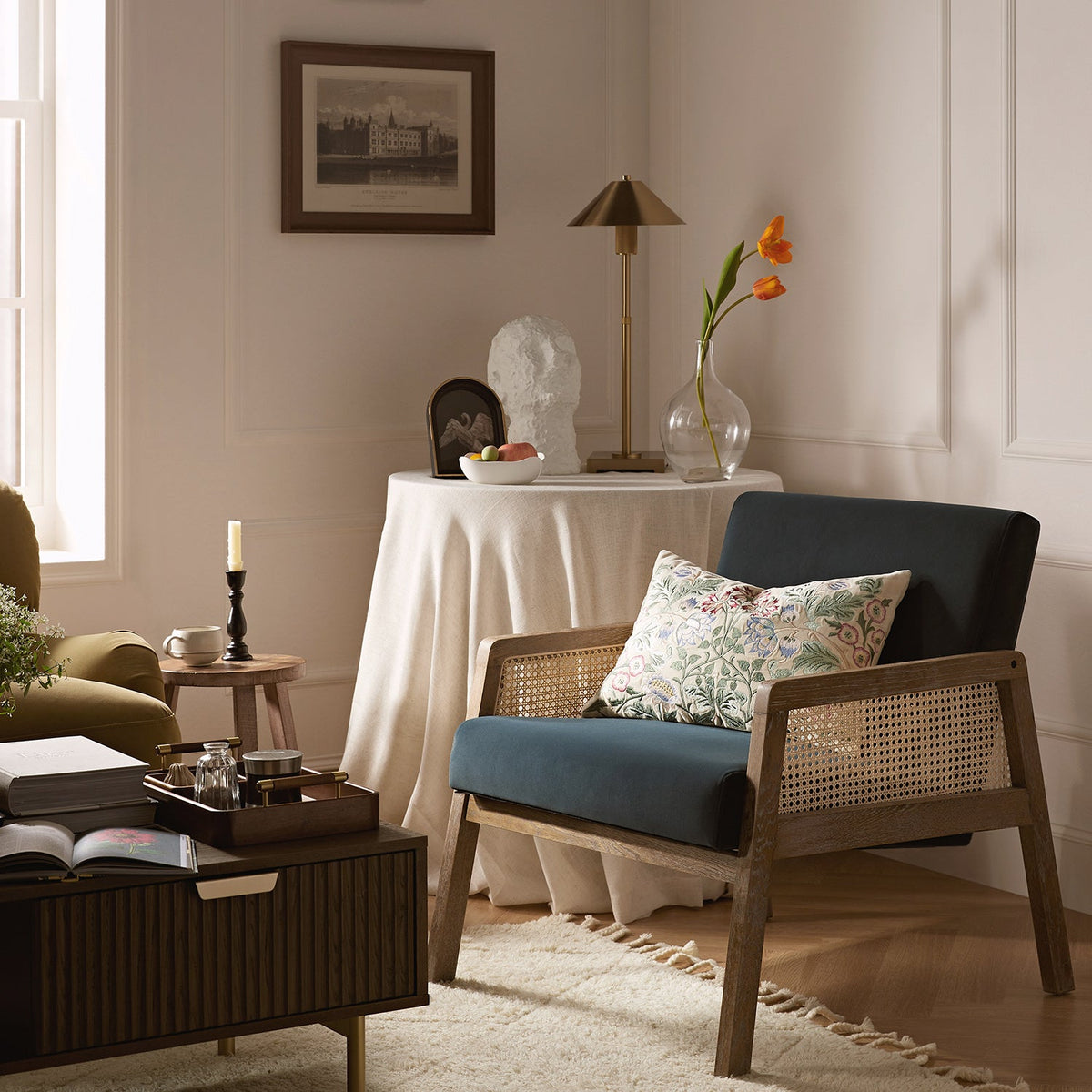 Fyne Aegean Blue Velvet Weathered Oak Frame Rattan Armchair — armchair from 2nd Time Around
