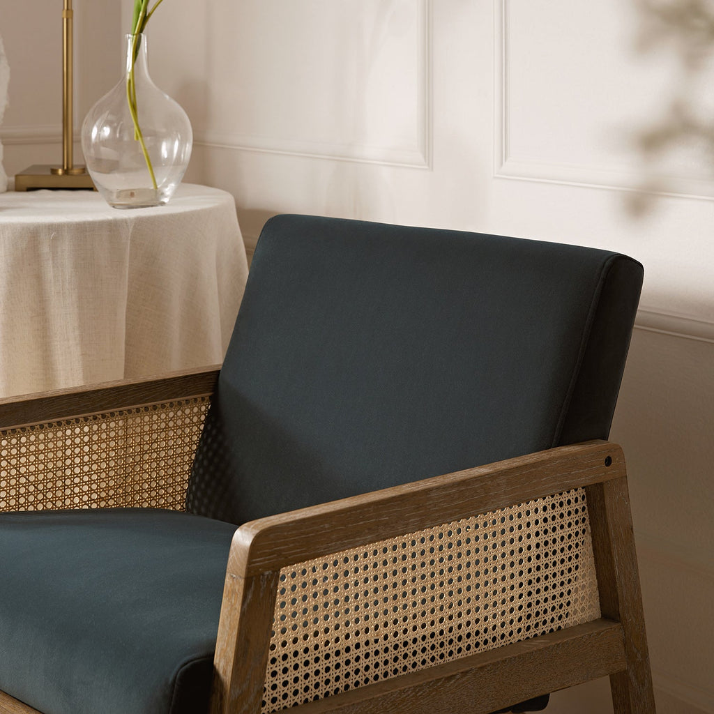 Fyne Aegean Blue Velvet Weathered Oak Frame Rattan Armchair — view 3