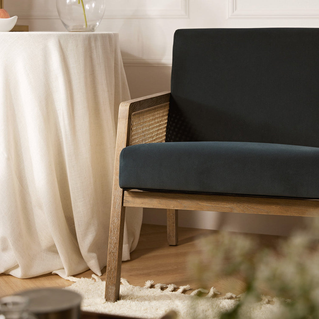 Fyne Aegean Blue Velvet Weathered Oak Frame Rattan Armchair — view 4