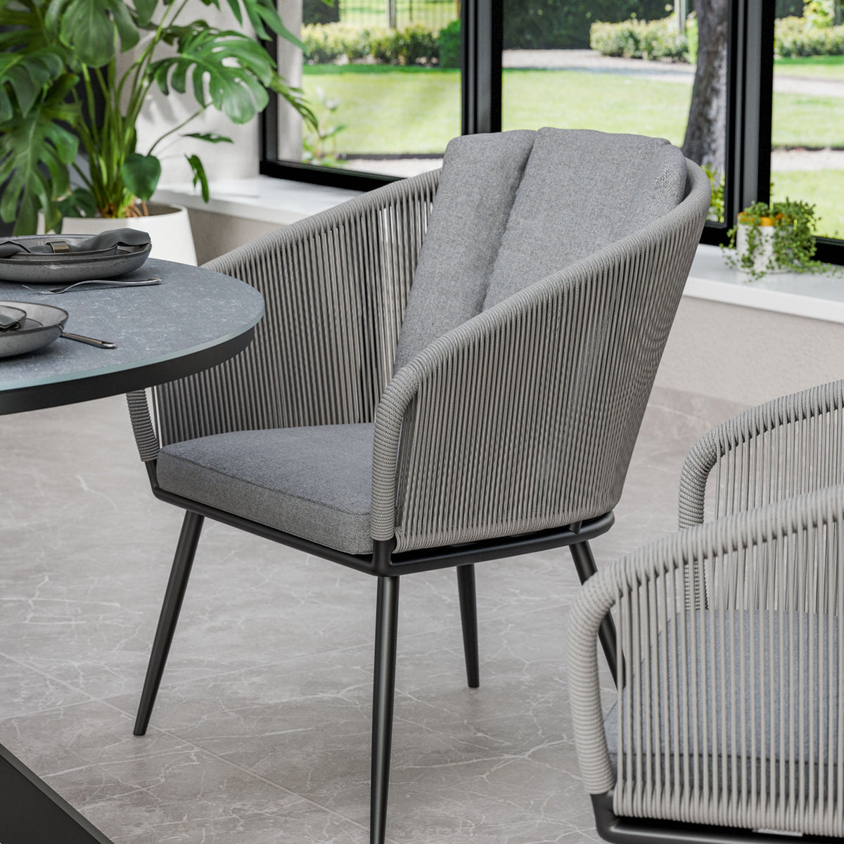 Aspen 4 Seater Round Ceramic Glass Dining Set with Aspen Rope Chairs — view 4