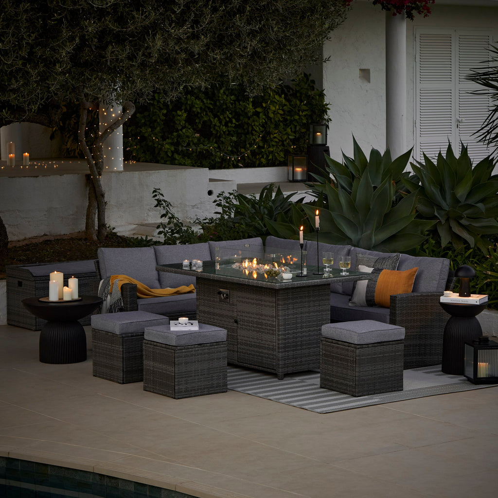 Aston 9 Seater Rattan Garden Corner Sofa Set with Cream Lean Over Parasol - Firepit - Grey — view 4