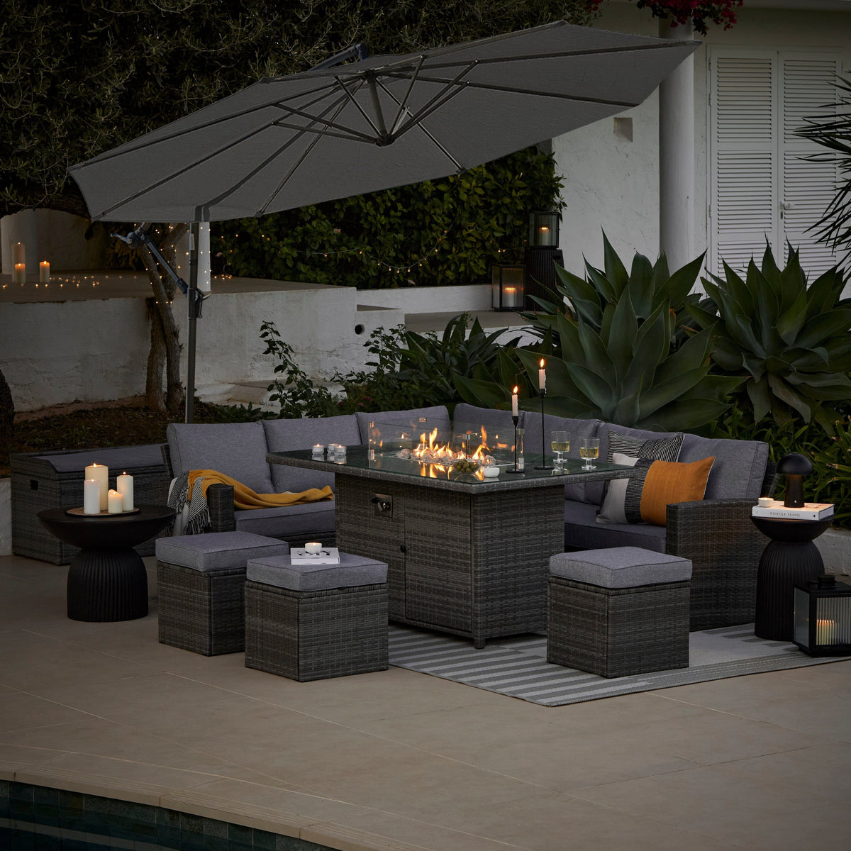 Aston 9 Seater Rattan Garden Corner Sofa Set with Grey Lean Over Parasol - Firepit - Grey — view 2