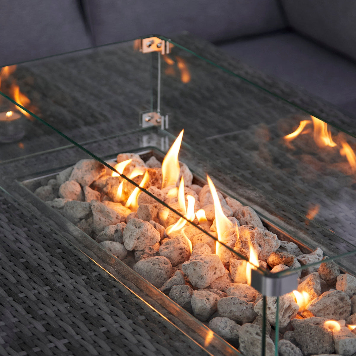 Aston 9 Seater Rattan Garden Corner Sofa Set with Cream Lean Over Parasol - Firepit - Grey — view 9