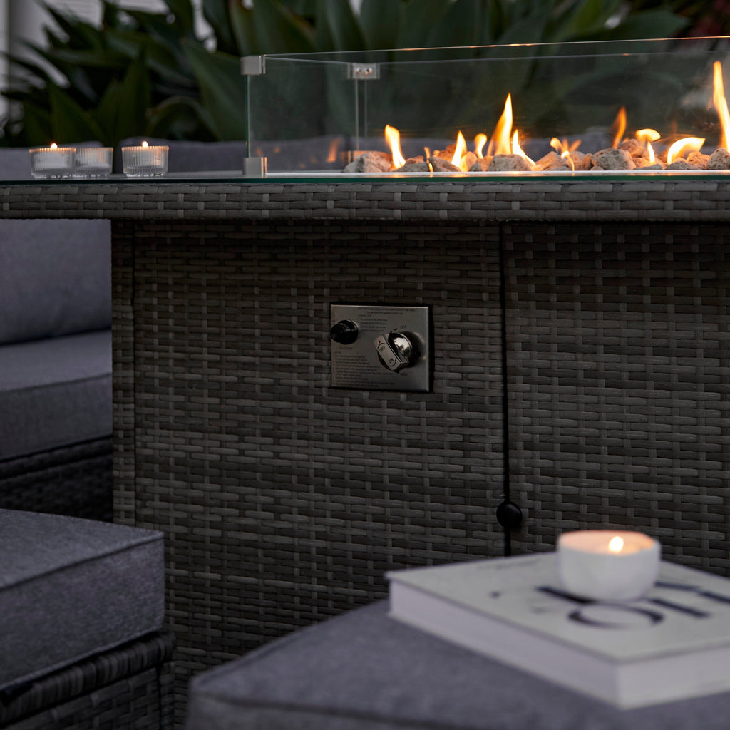 Aston 9 Seater Rattan Garden Corner Sofa Set with Cream Lean Over Parasol - Firepit - Grey — view 7