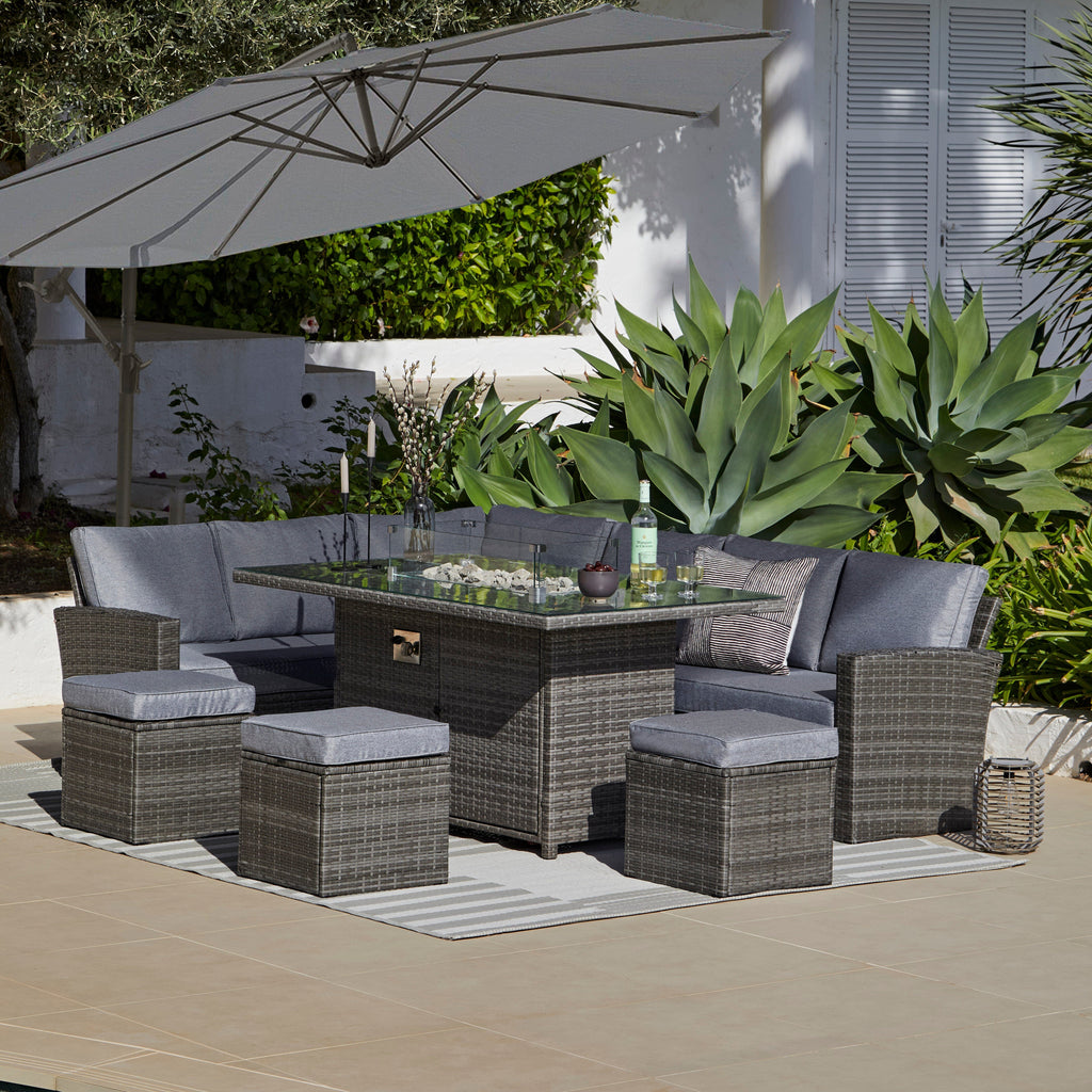 Aston 9 Seater Rattan Garden Corner Sofa Set with Grey Lean Over Parasol - Firepit - Grey — garden dining set from 2nd Time Around