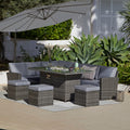 Aston 9 Seater Rattan Garden Corner Sofa Set with Grey Lean Over Parasol - Firepit - Grey — garden dining set from 2nd Time Around
