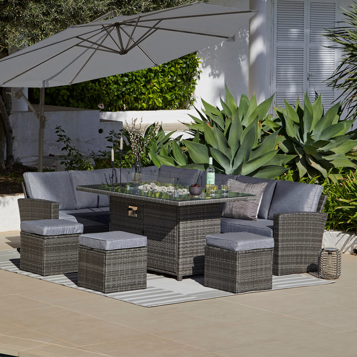 Aston 9 Seater Rattan Garden Corner Sofa Set with Grey Lean Over Parasol - Firepit - Grey — garden dining set from 2nd Time Around