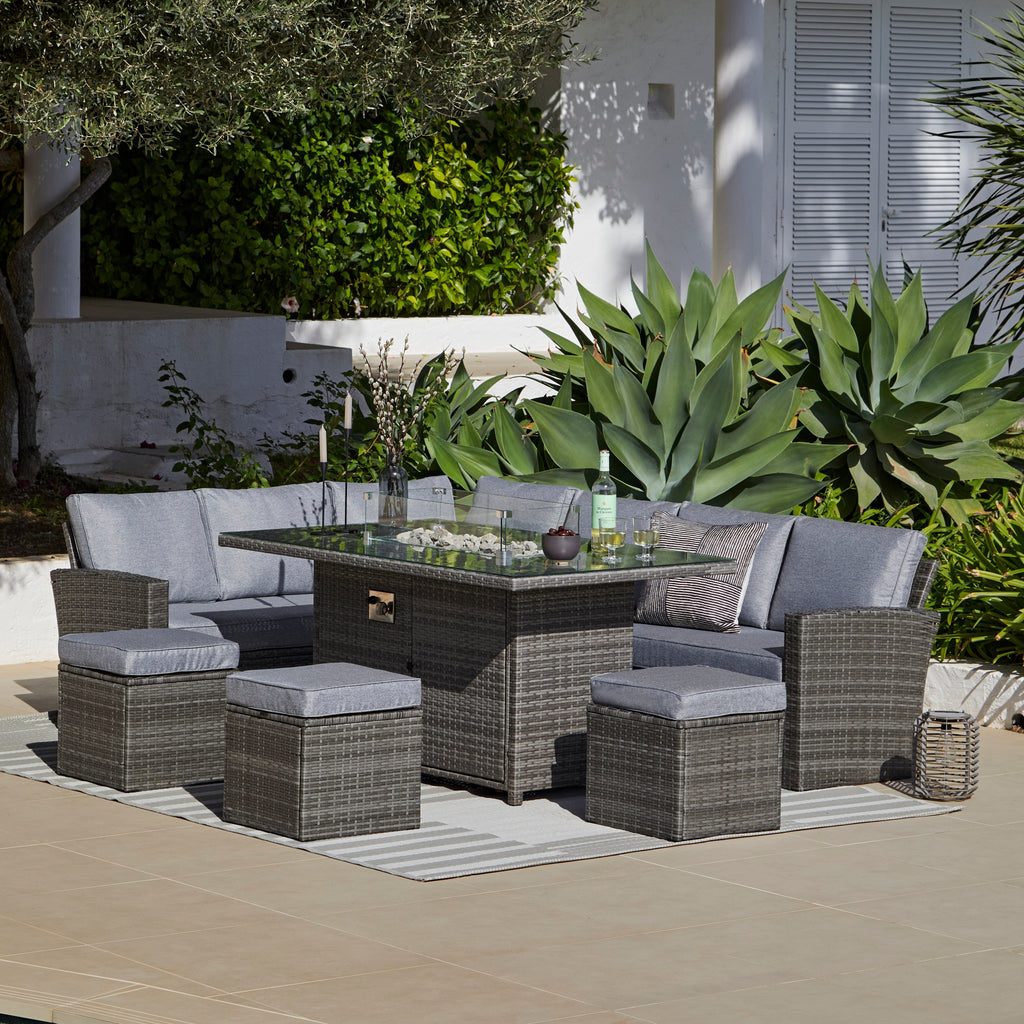 Aston 9 Seater Rattan Garden Corner Sofa Set with Cream Lean Over Parasol - Firepit - Grey — view 3