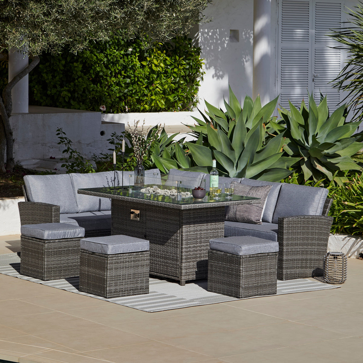 Aston 9 Seater Rattan Garden Corner Sofa Set with Grey Lean Over Parasol - Firepit - Grey — view 3