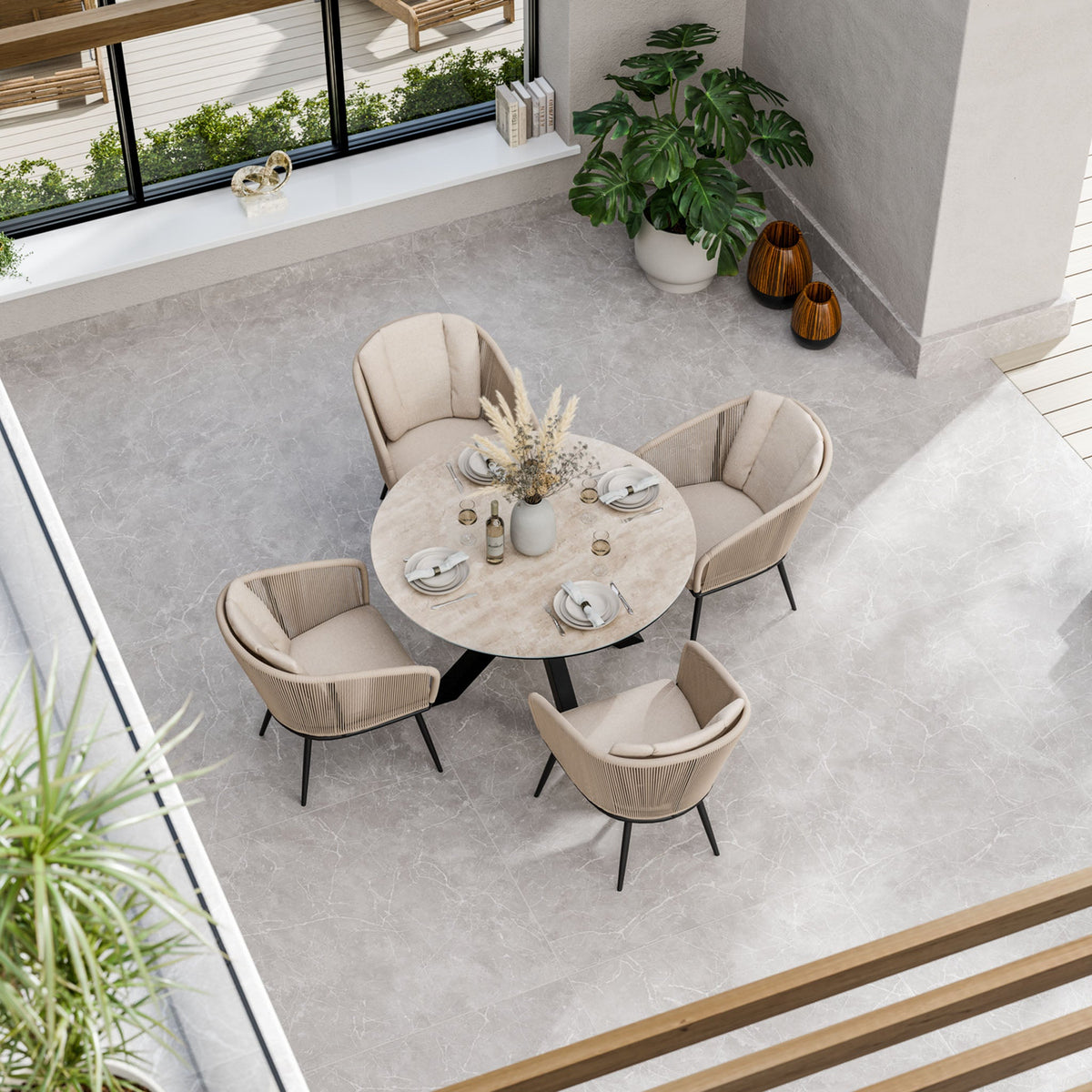 Bali 4 Seater Round Ceramic Glass Dining Set with Bali Rope Chairs — dining set from 2nd Time Around