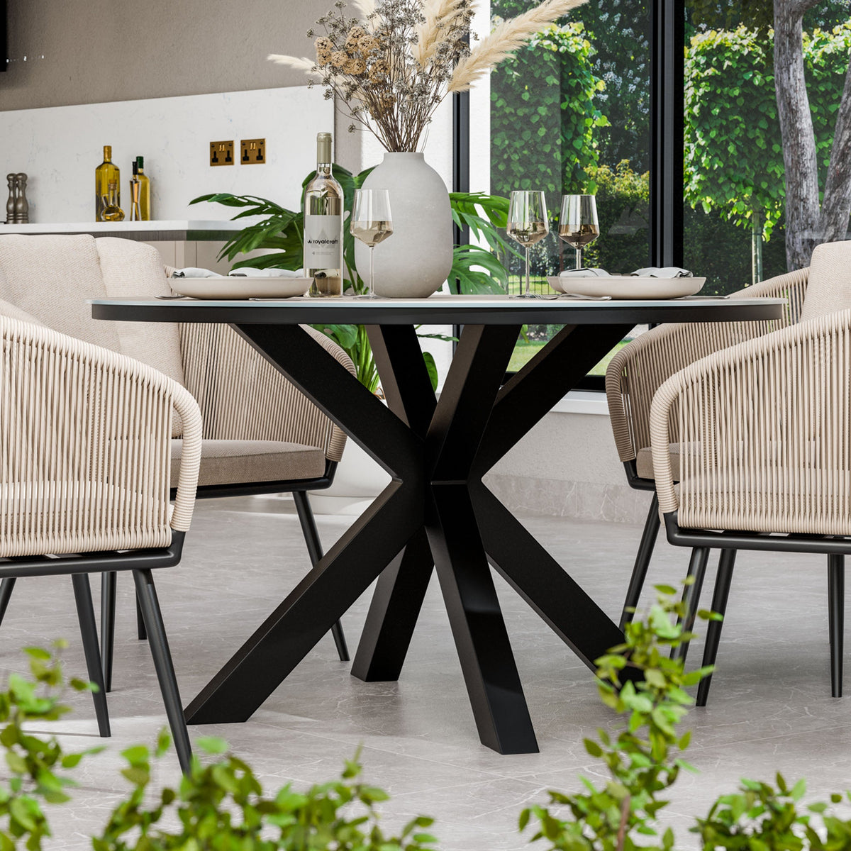 Bali 4 Seater Round Ceramic Glass Dining Set with Bali Rope Chairs — view 2