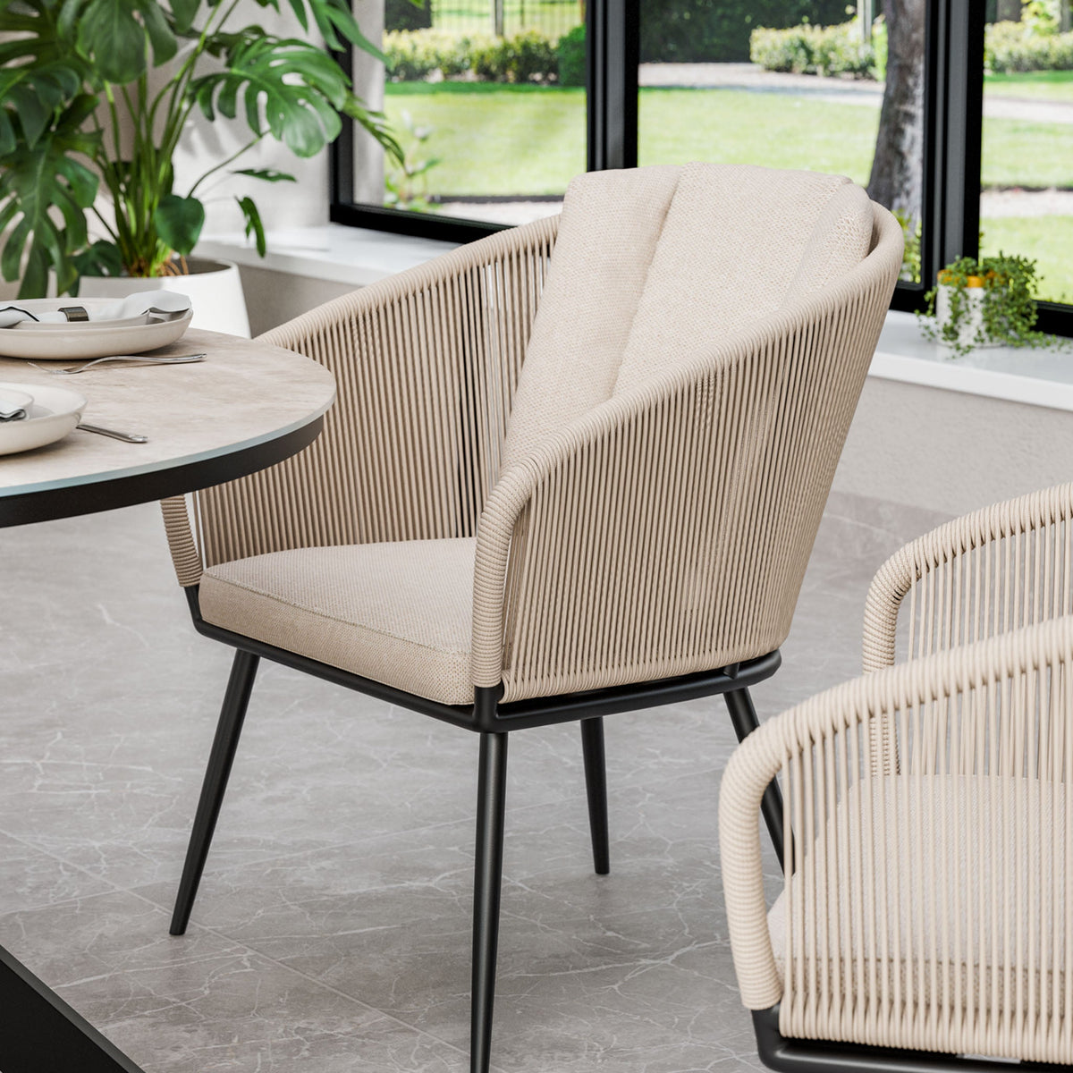 Bali 4 Seater Round Ceramic Glass Dining Set with Bali Rope Chairs — view 8