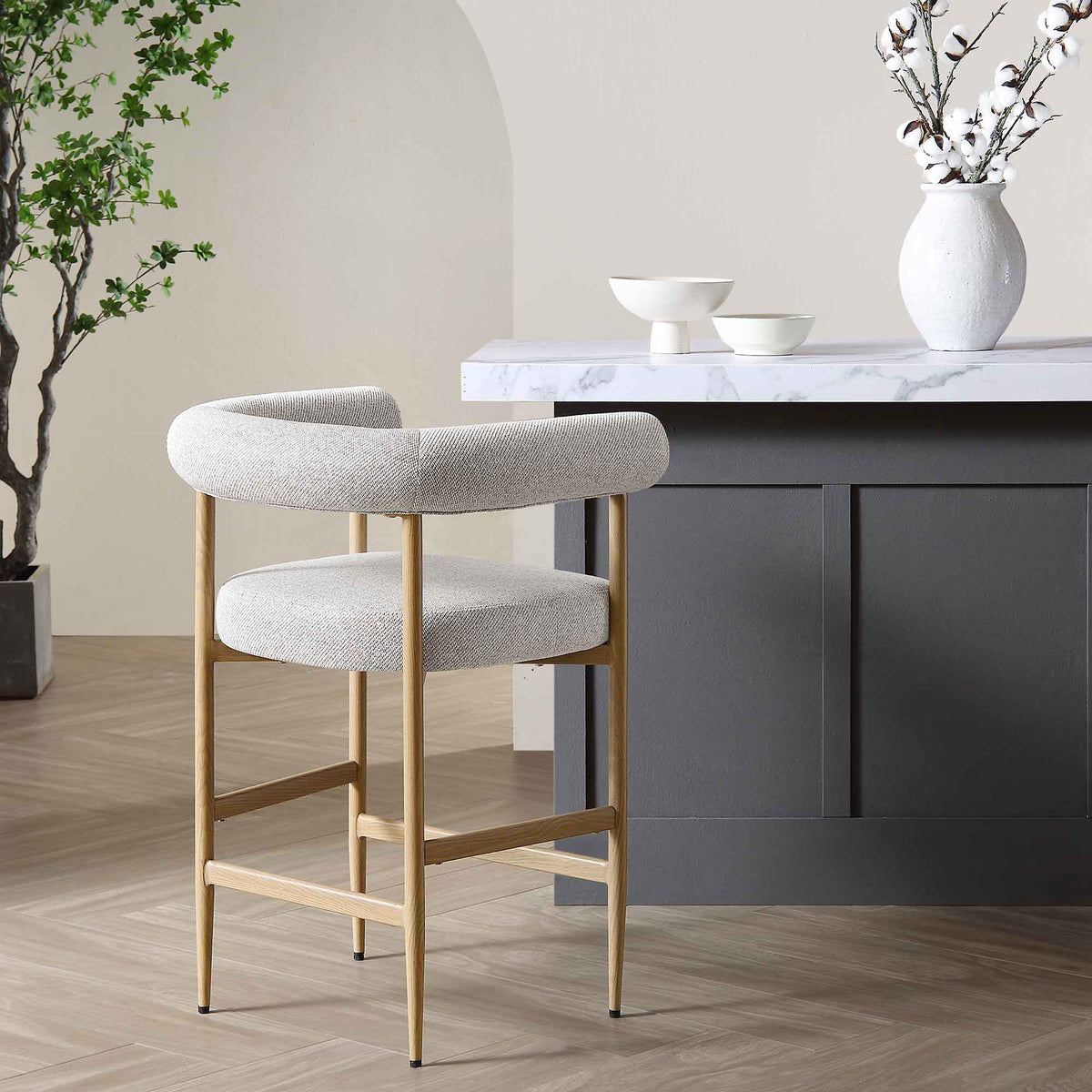 Fulbourn Beige Woven Counter Stool with Natural Wood Effect Legs — view 2