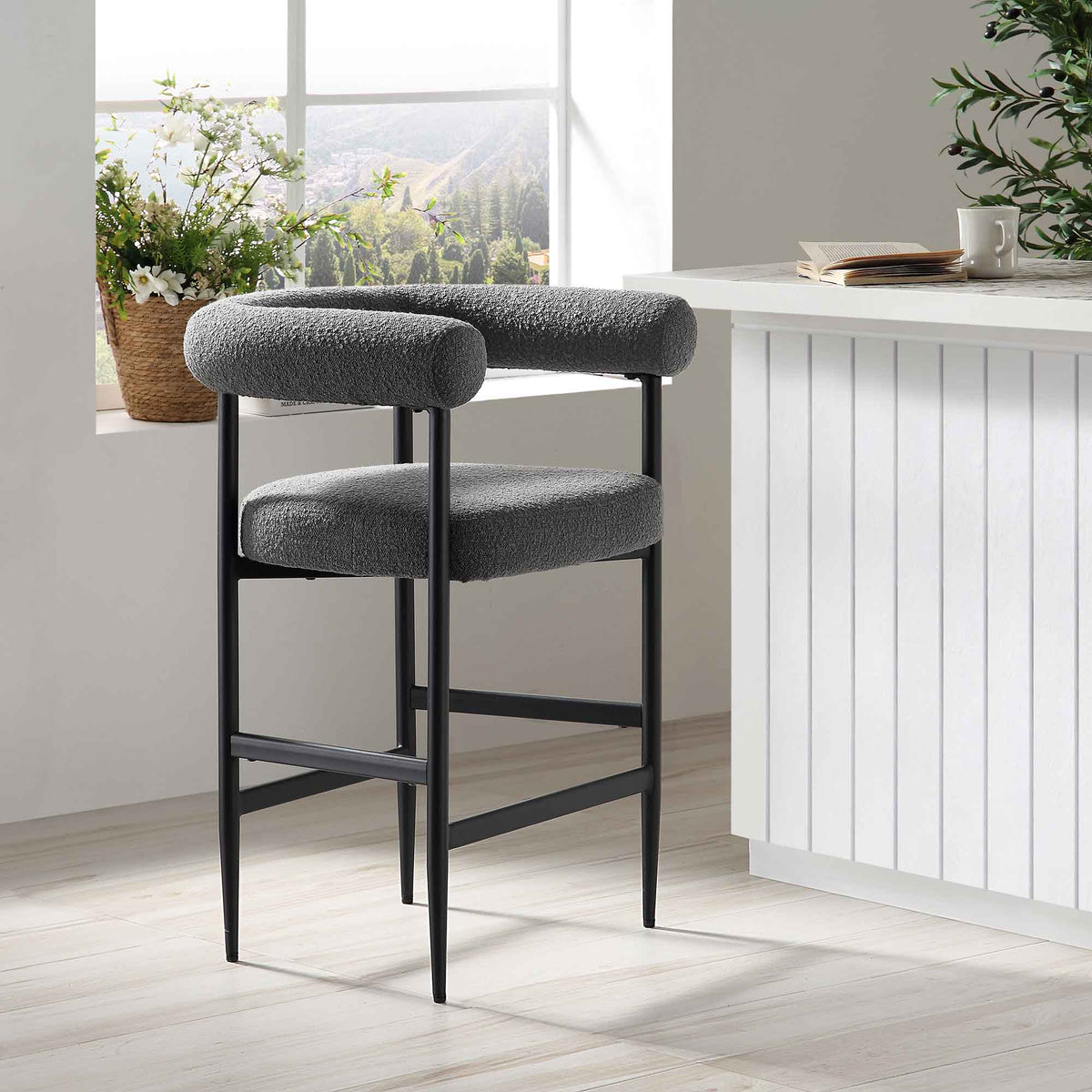 Fulbourn Charcoal Boucle Counter Stool with Black Metal Legs — bar stool from 2nd Time Around