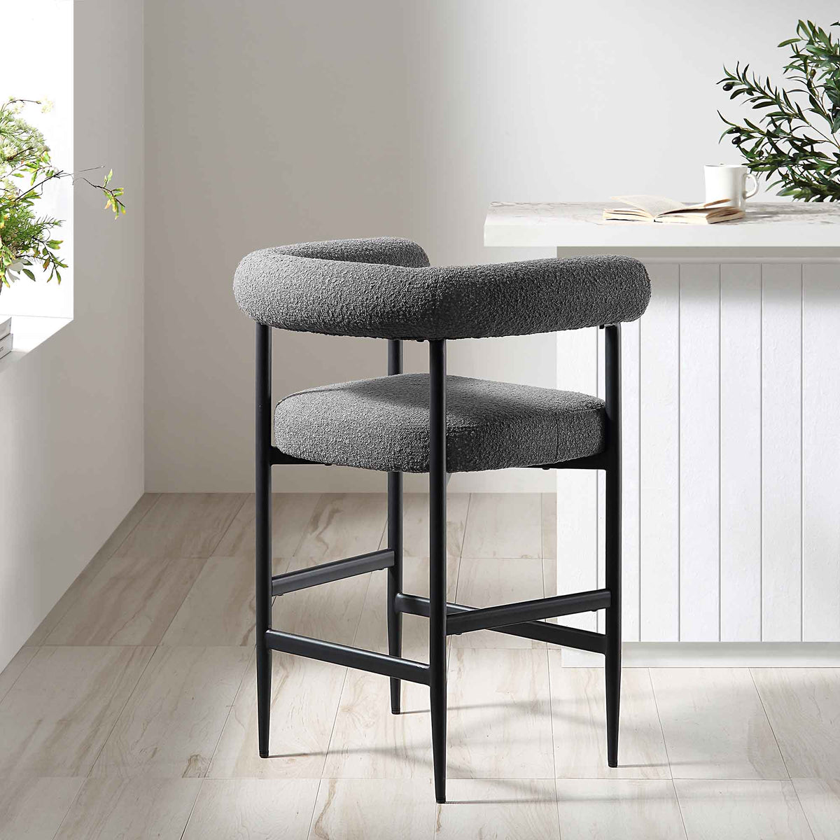 Fulbourn Charcoal Boucle Counter Stool with Black Metal Legs — view 2