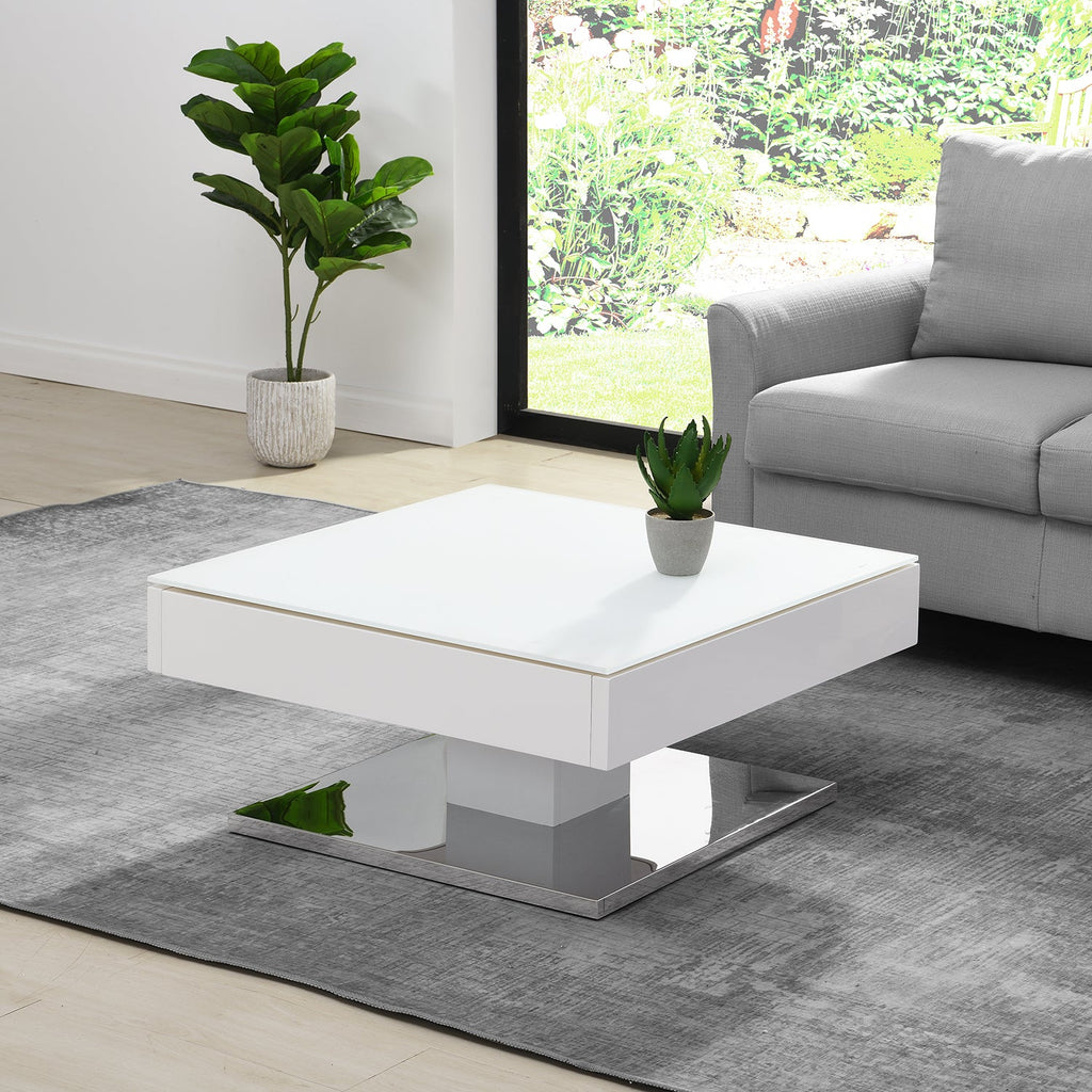Finch White Swivel Frosted Glass Top Coffee Table with Stainless Steel Base — view 2