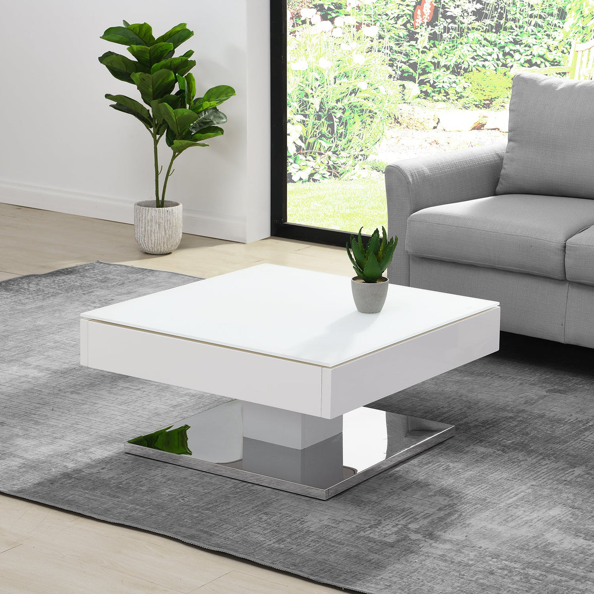 Finch White Swivel Frosted Glass Top Coffee Table with Stainless Steel Base — view 2