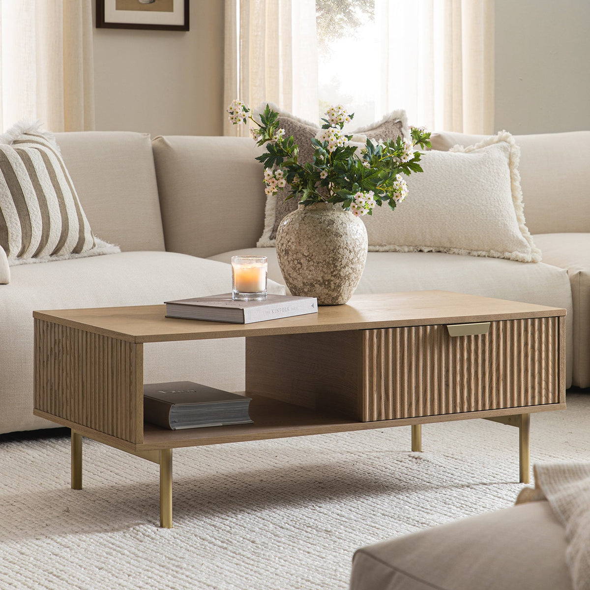 Richmond Ridged Coffee Table with Drawer, Light Ash — dressing table from 2nd Time Around