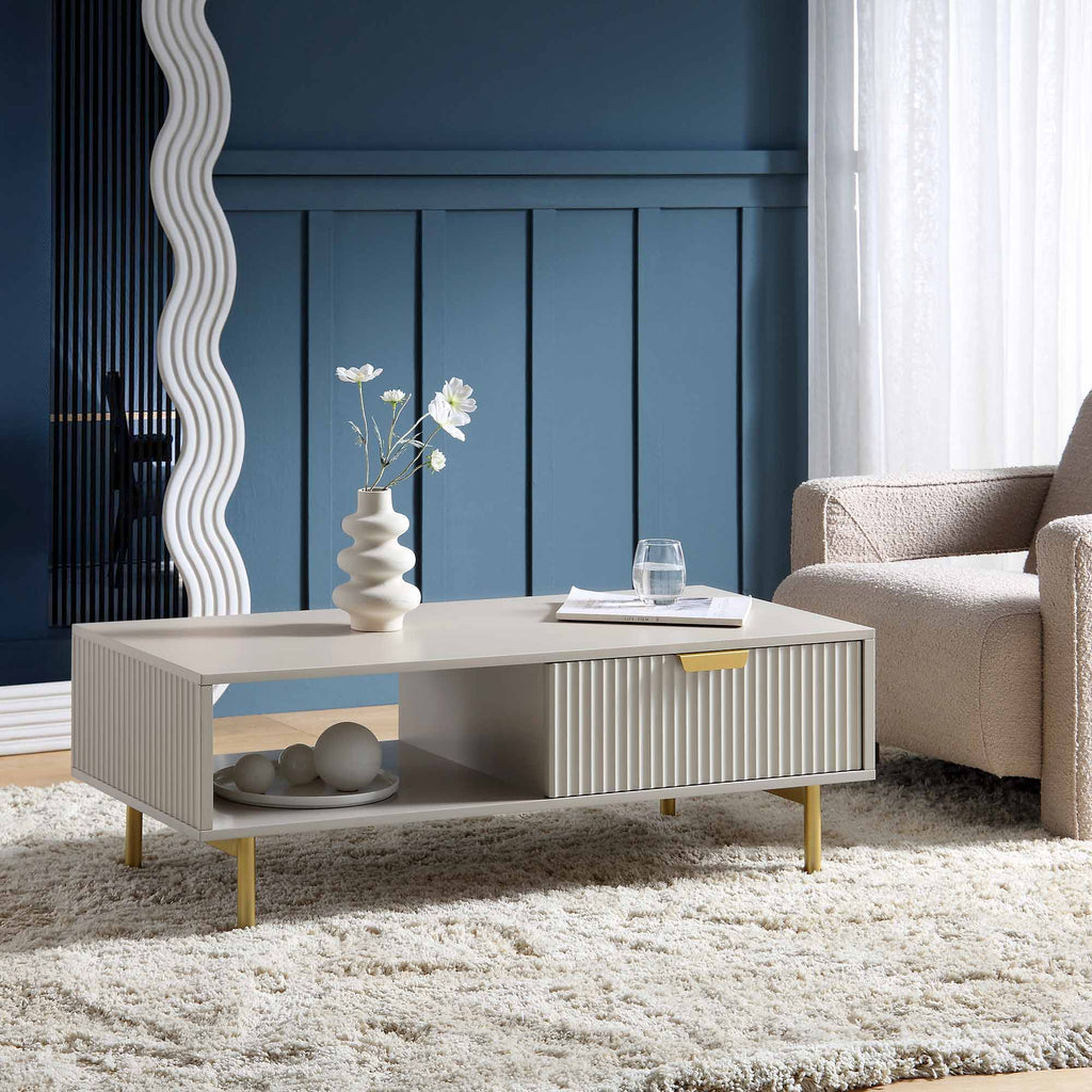 Richmond Ridged Coffee Table with Drawer, Matte Taupe — dressing table from 2nd Time Around