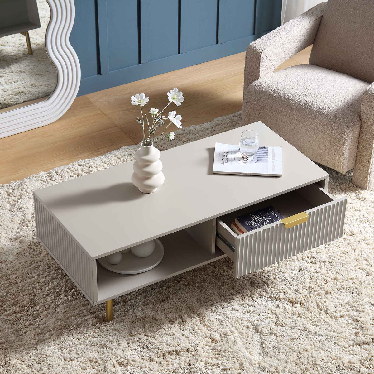 Richmond Ridged Coffee Table with Drawer, Matte Taupe — view 2