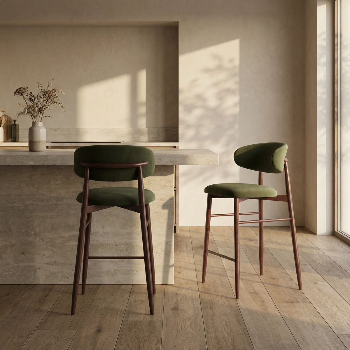 Halston Kitchen Stool | Olive Green Sustainable Velvet & Walnut — view 2