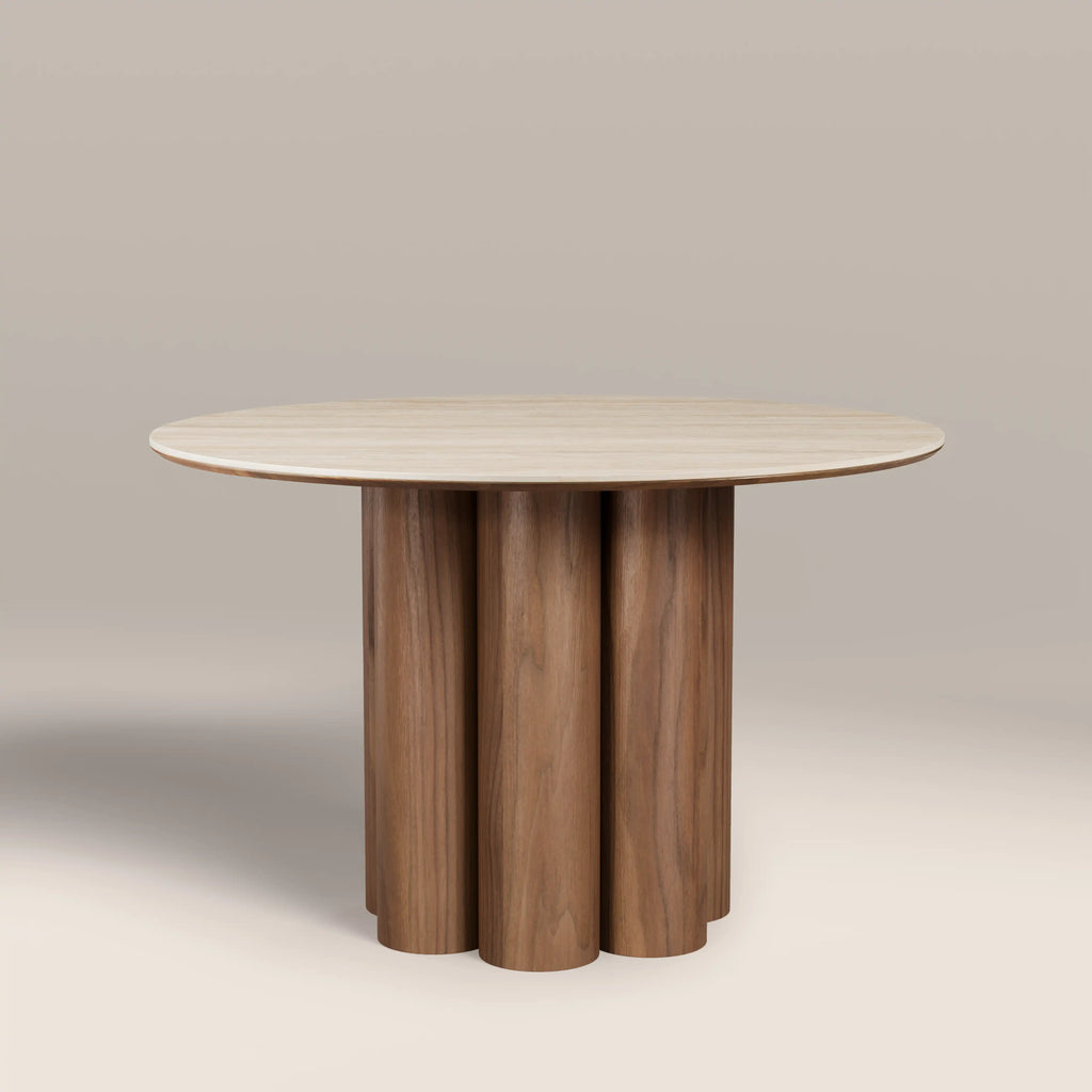 Noelle 4 Seat Round Dining Table | Natural Travertine Effect Sintered Stone & Walnut — view 2