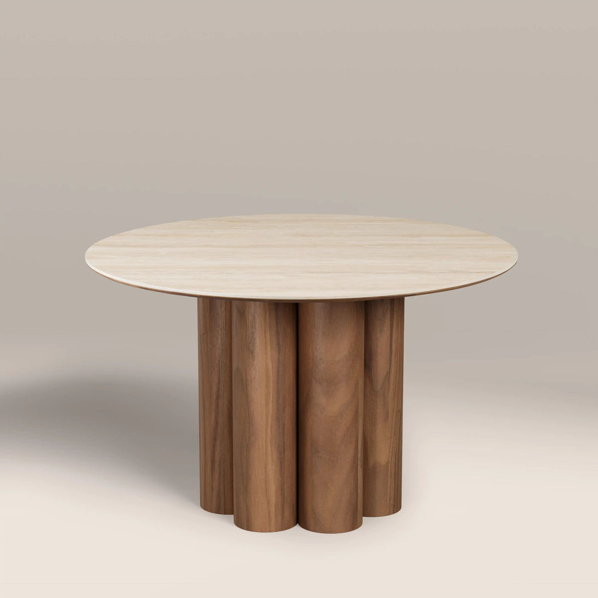 Noelle 4 Seat Round Dining Table | Natural Travertine Effect Sintered Stone & Walnut — view 4