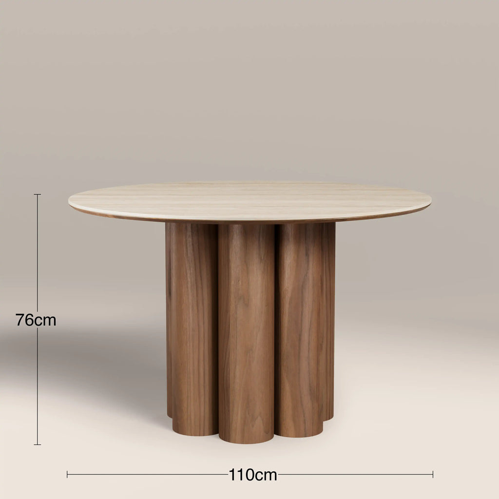 Noelle 4 Seat Round Dining Table | Natural Travertine Effect Sintered Stone & Walnut — view 6