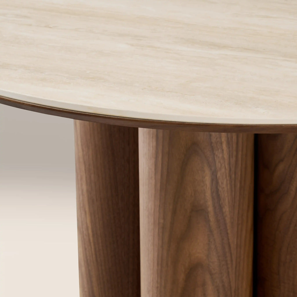 Noelle 4 Seat Round Dining Table | Natural Travertine Effect Sintered Stone & Walnut — view 5