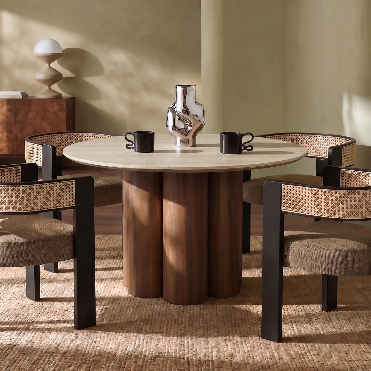 Noelle 4 Seat Round Dining Table | Natural Travertine Effect Sintered Stone & Walnut — dining table from 2nd Time Around