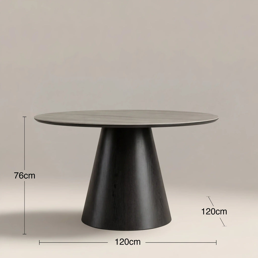 Finnley Large 4 Seat Round Dining Table | Grey Travertine Effect Sintered Stone & Black — view 6