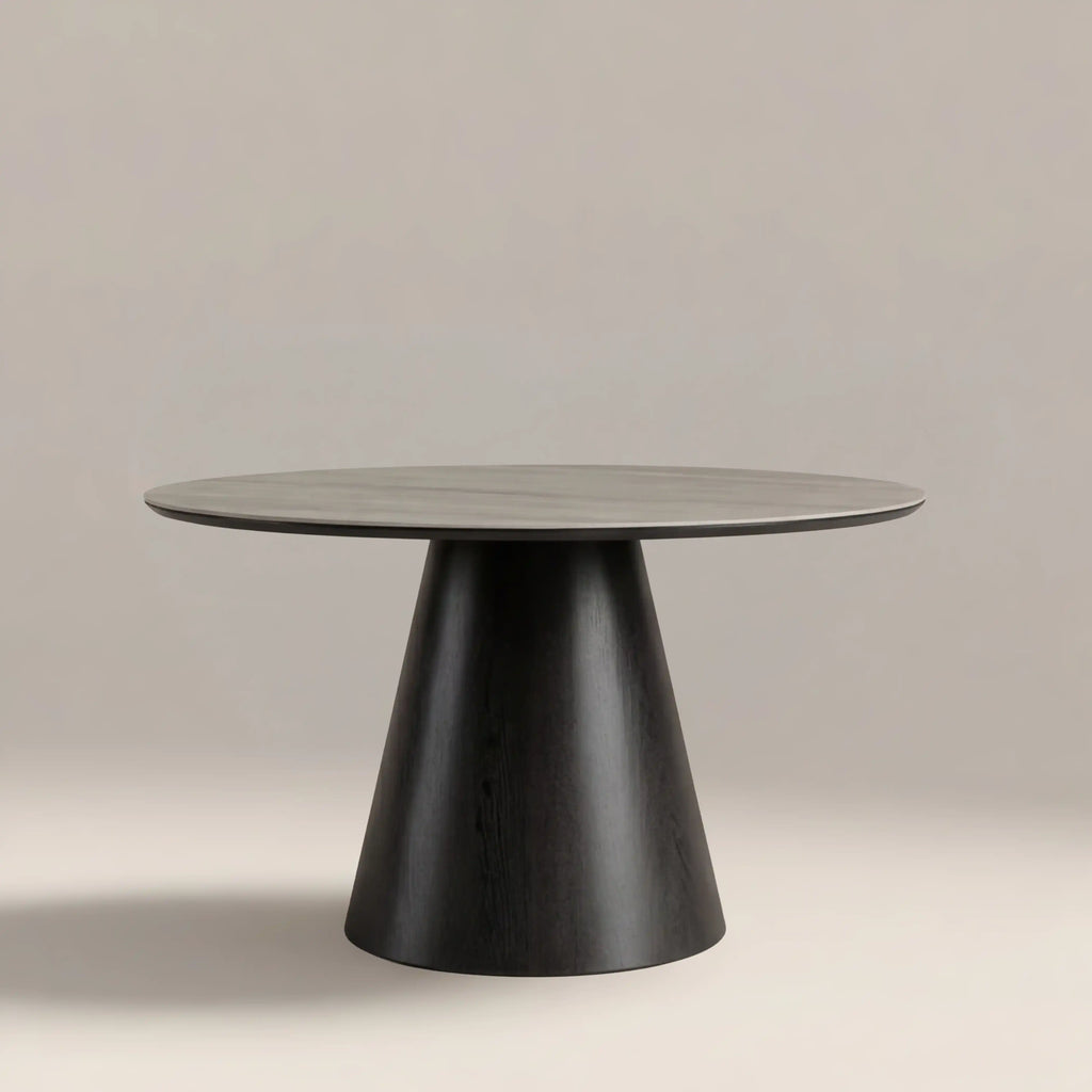 Finnley Large 4 Seat Round Dining Table | Grey Travertine Effect Sintered Stone & Black — view 2