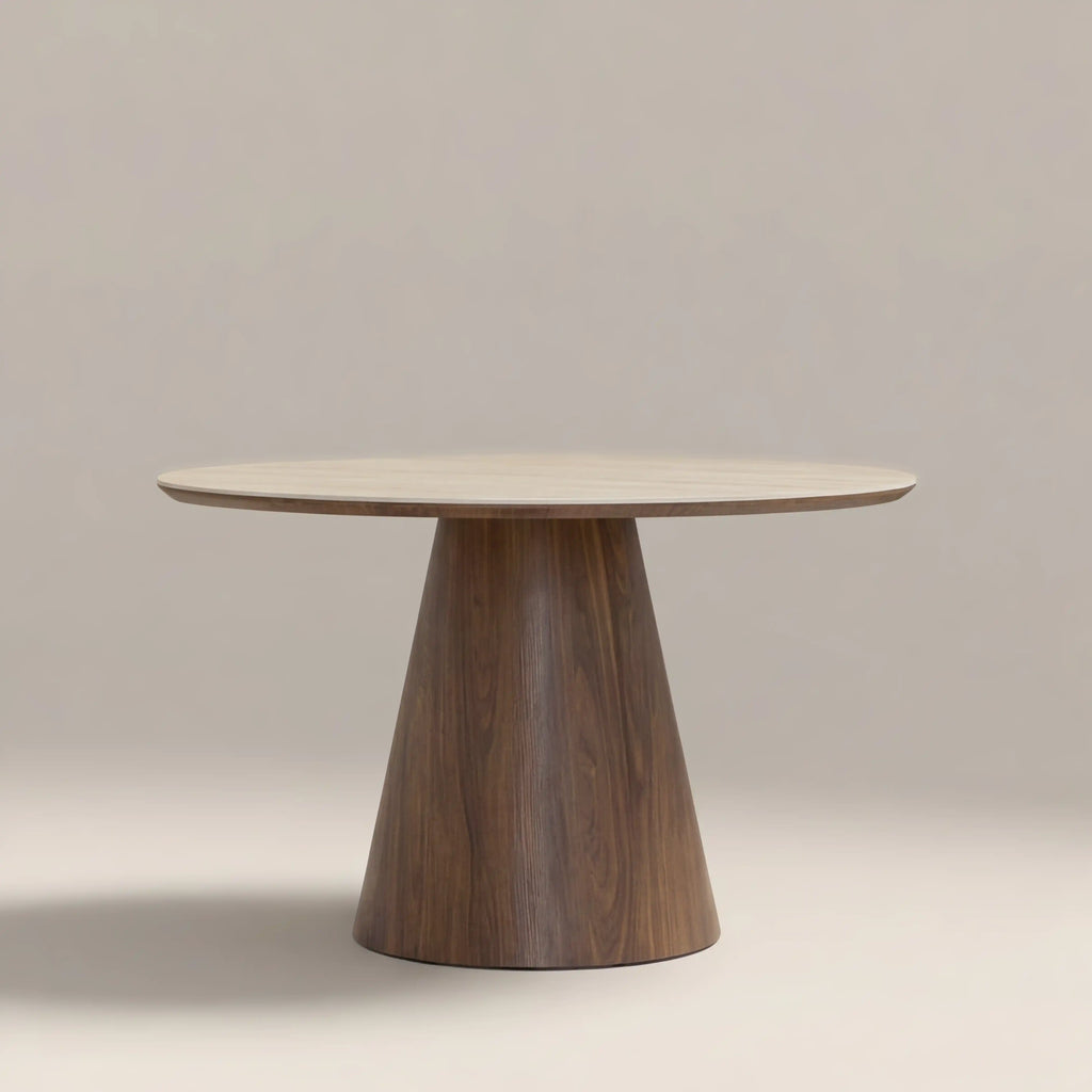 Finnley Large 4 Seat Round Dining Table | Natural Travertine Effect Sintered Stone & Walnut — dining table from 2nd Time Around