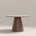 Finnley Large 4 Seat Round Dining Table | Natural Travertine Effect Sintered Stone & Walnut — dining table from 2nd Time Around