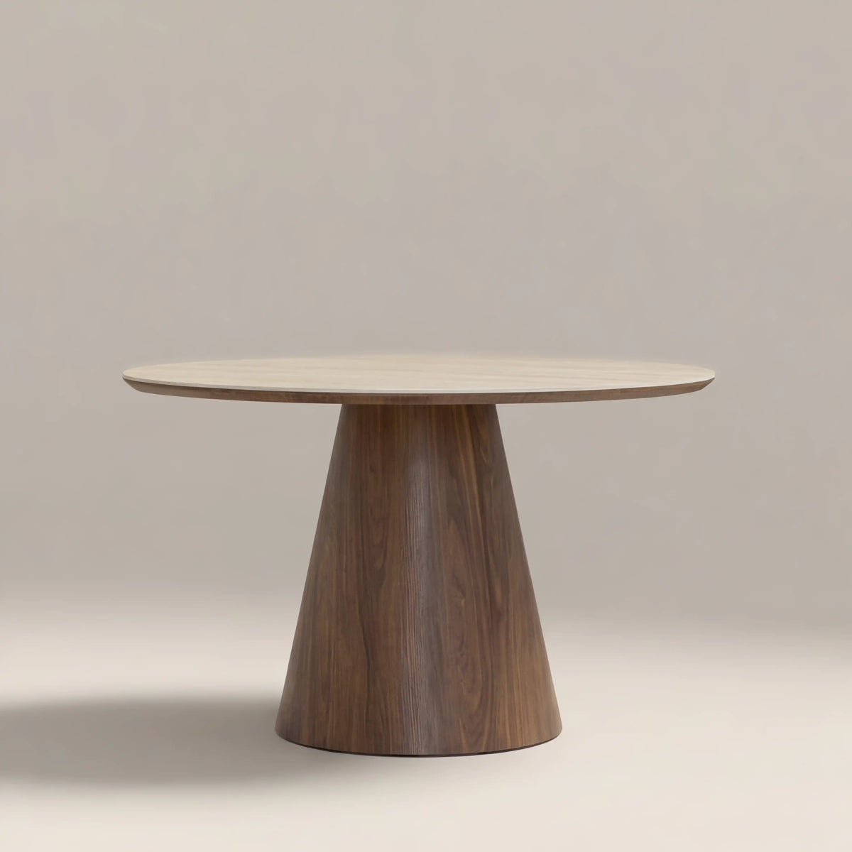 Finnley Large 4 Seat Round Dining Table | Natural Travertine Effect Sintered Stone & Walnut — dining table from 2nd Time Around