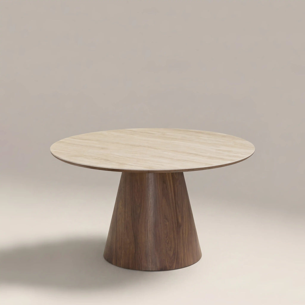 Finnley Large 4 Seat Round Dining Table | Natural Travertine Effect Sintered Stone & Walnut — view 3