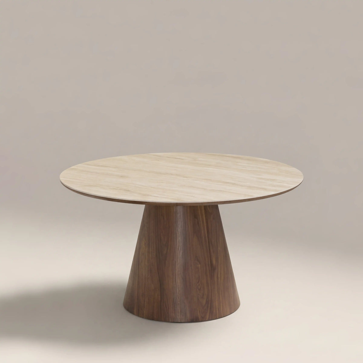Finnley Large 4 Seat Round Dining Table | Natural Travertine Effect Sintered Stone & Walnut — view 3