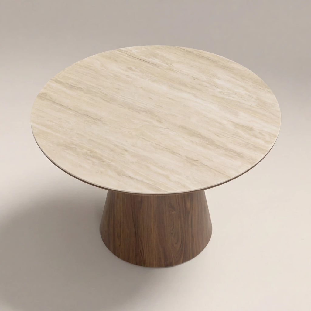 Finnley Large 4 Seat Round Dining Table | Natural Travertine Effect Sintered Stone & Walnut — view 4