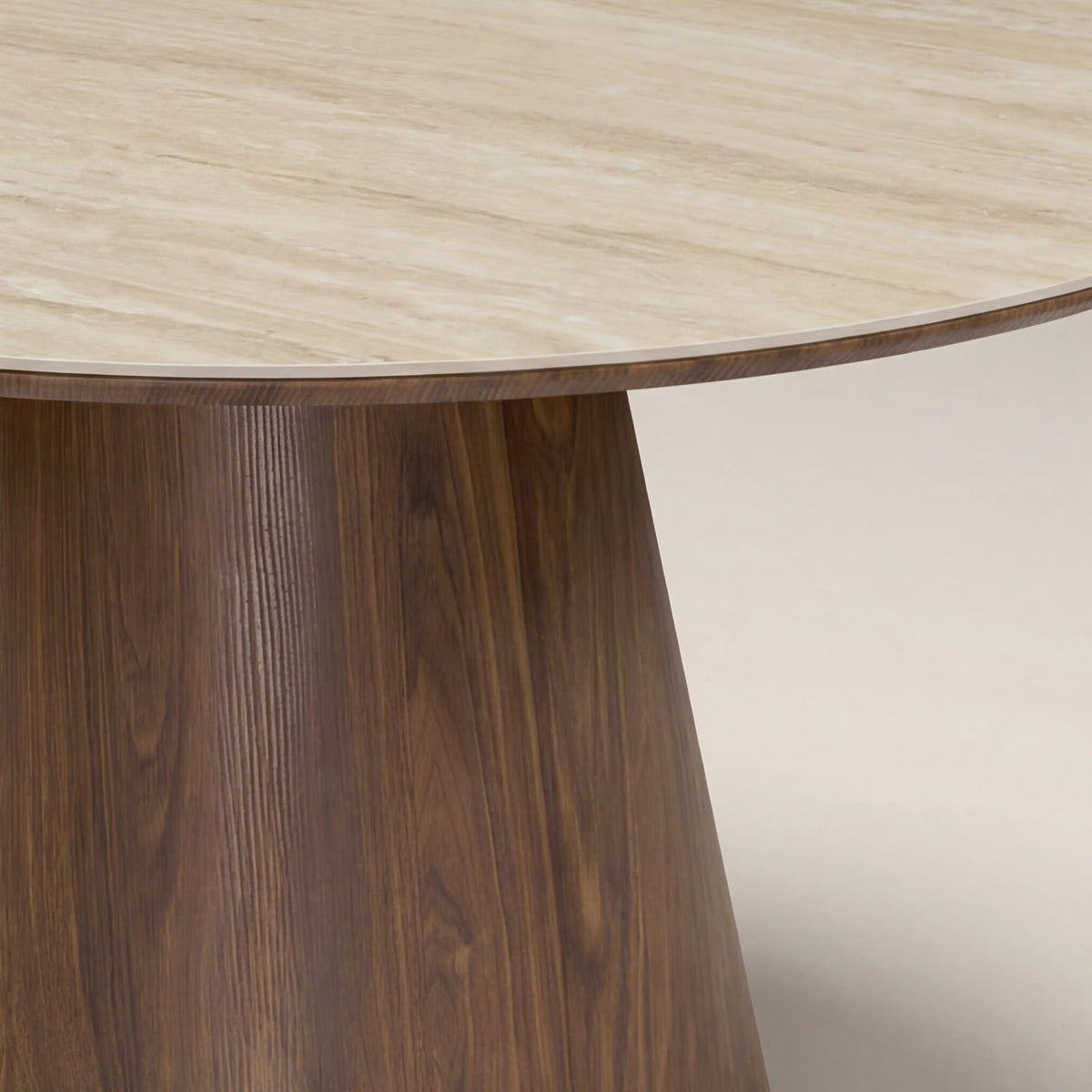 Finnley Large 4 Seat Round Dining Table | Natural Travertine Effect Sintered Stone & Walnut — view 5