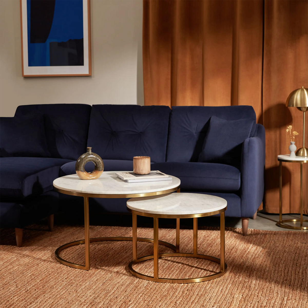 Madison Set Of 2 Round Nesting Coffee Tables | White Marble & Brass — view 3