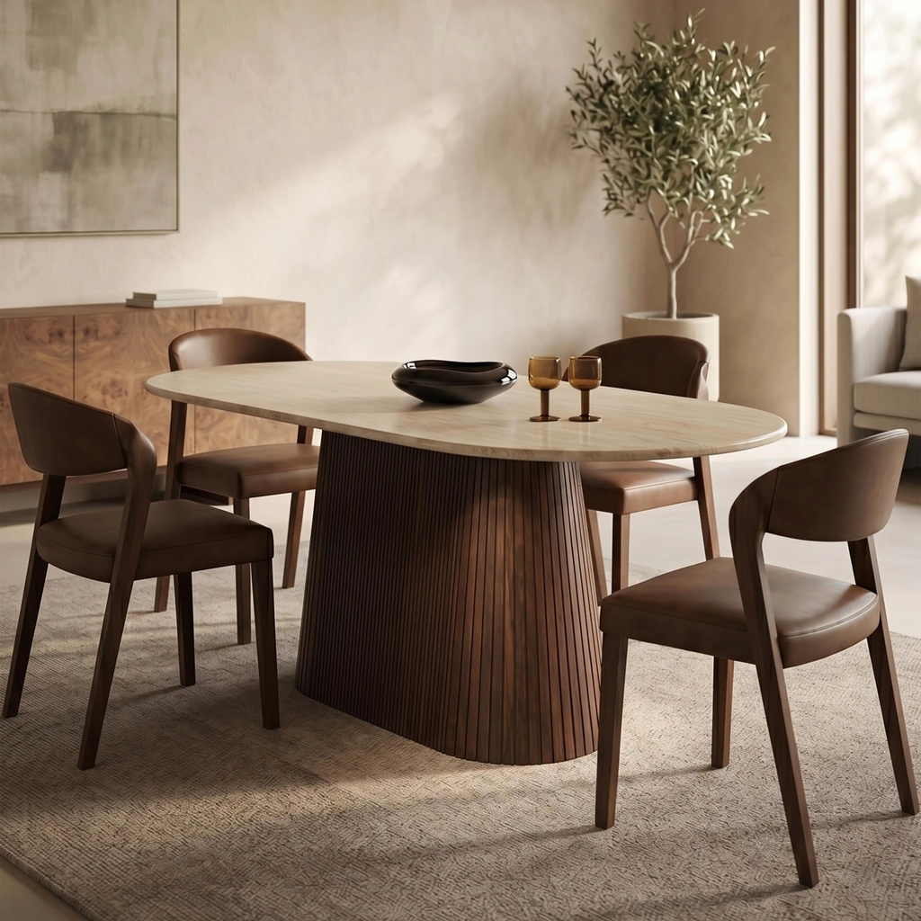 Oxborough 6 Seat Oval Dining Table | Natural Travertine Effect Sintered Stone & Walnut — view 2