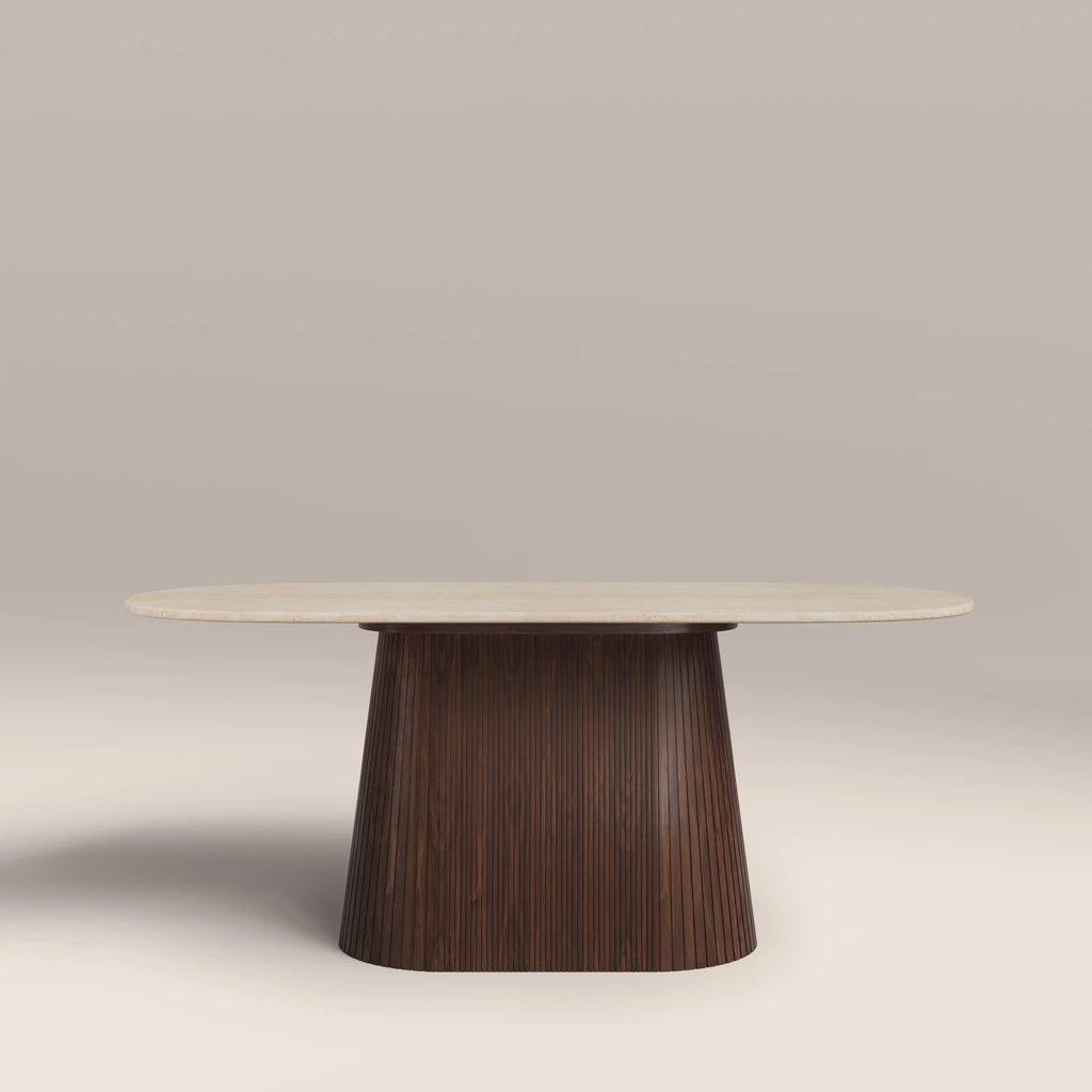 Oxborough 6 Seat Oval Dining Table | Natural Travertine Effect Sintered Stone & Walnut — dining table from 2nd Time Around