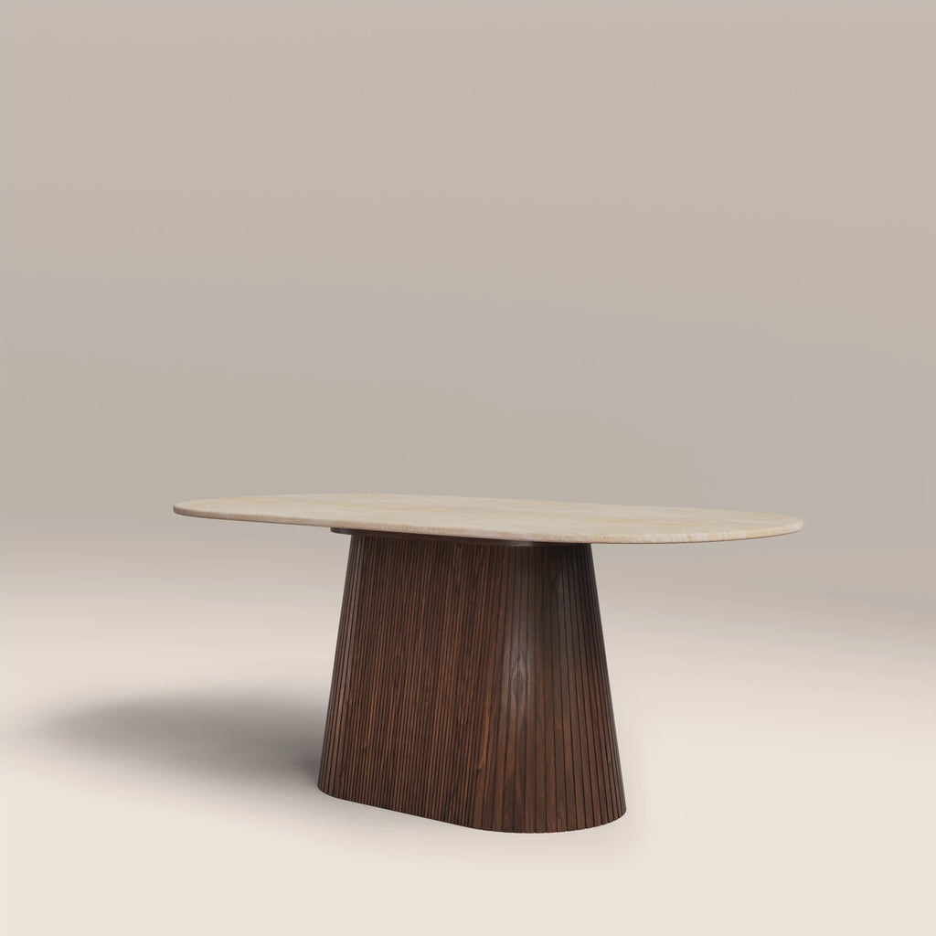 Oxborough 6 Seat Oval Dining Table | Natural Travertine Effect Sintered Stone & Walnut — view 3