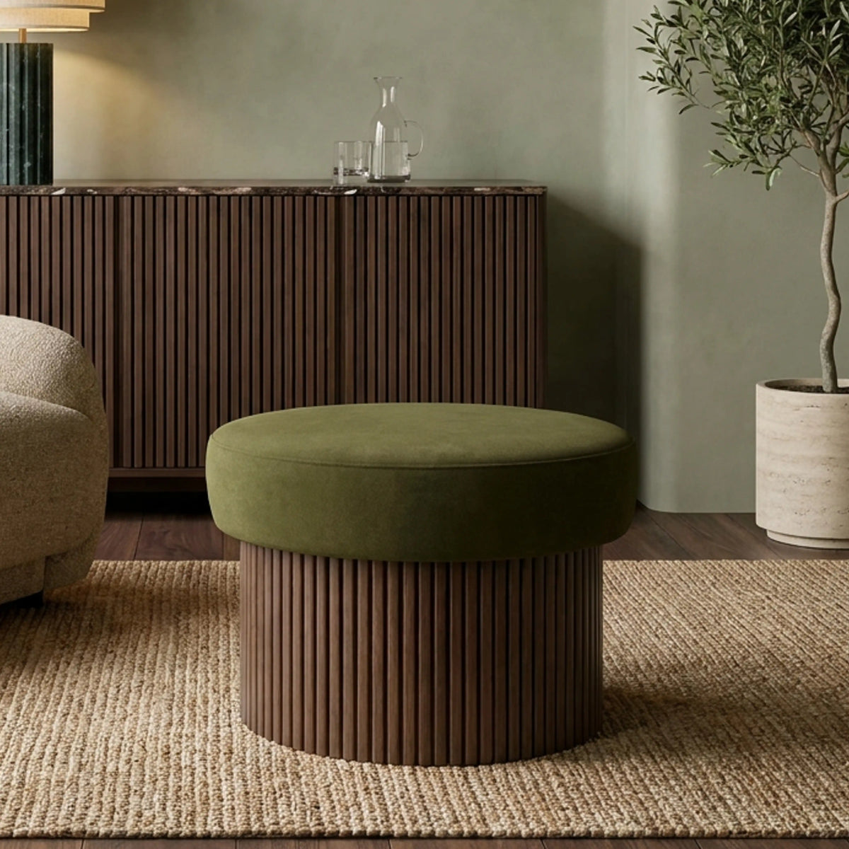 Alexis Storage Footstool | Moss Green Sustainable Mohair Velvet & Walnut — view 2