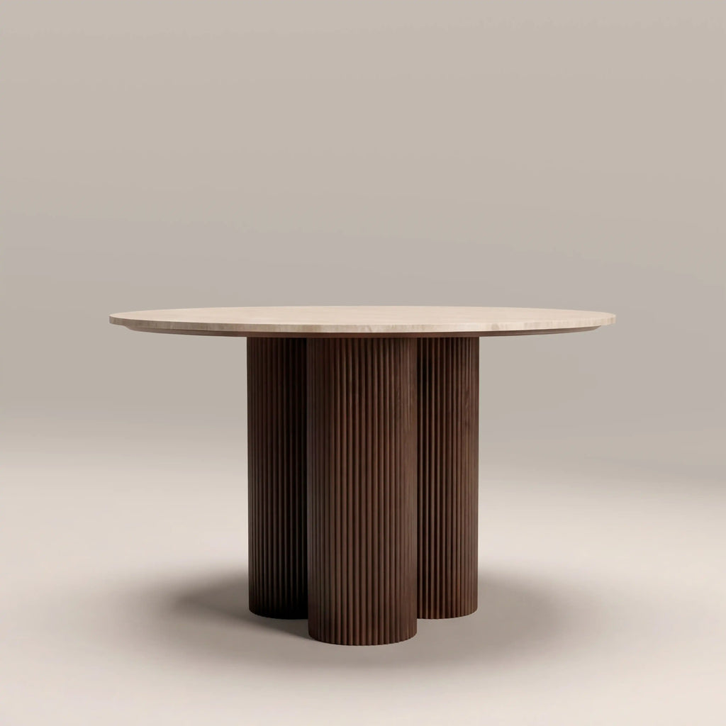 Skylar 4 Seat Round Dining Table | Natural Travertine & Smoked Walnut — dining table from 2nd Time Around