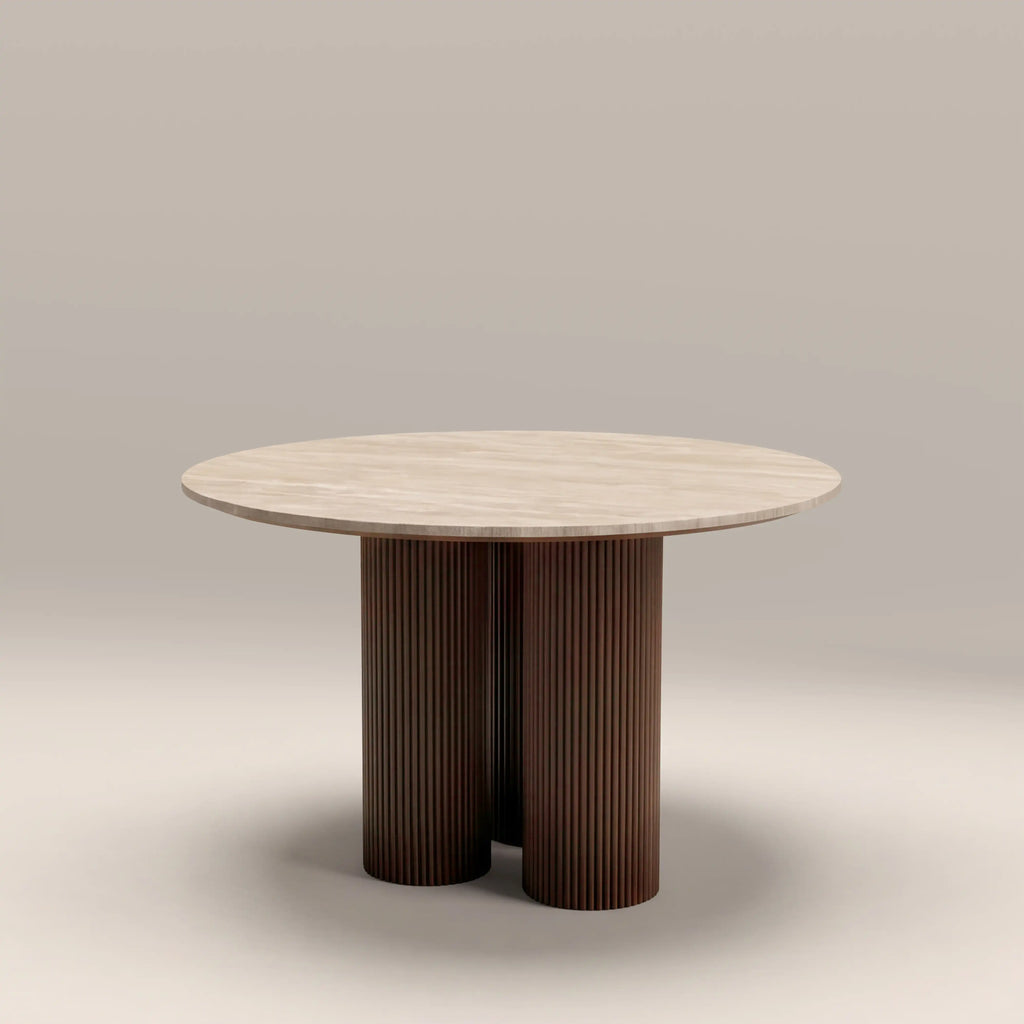 Skylar 4 Seat Round Dining Table | Natural Travertine & Smoked Walnut — view 3